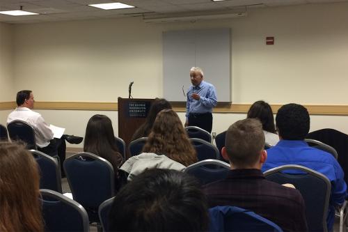 Moghaddam gave a talk  to a room full of students